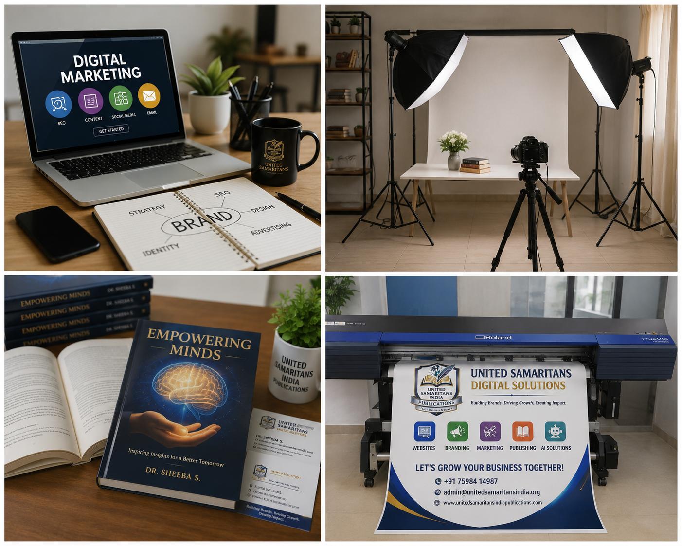 Digital marketing, branding, publishing, website development, and print service collage